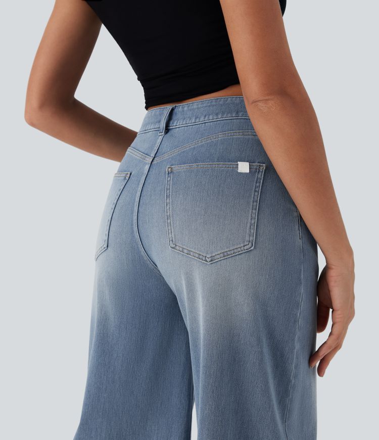 Halara Flex™ Mid Rise Capri Wide Leg Washed Casual Jeans with Pockets