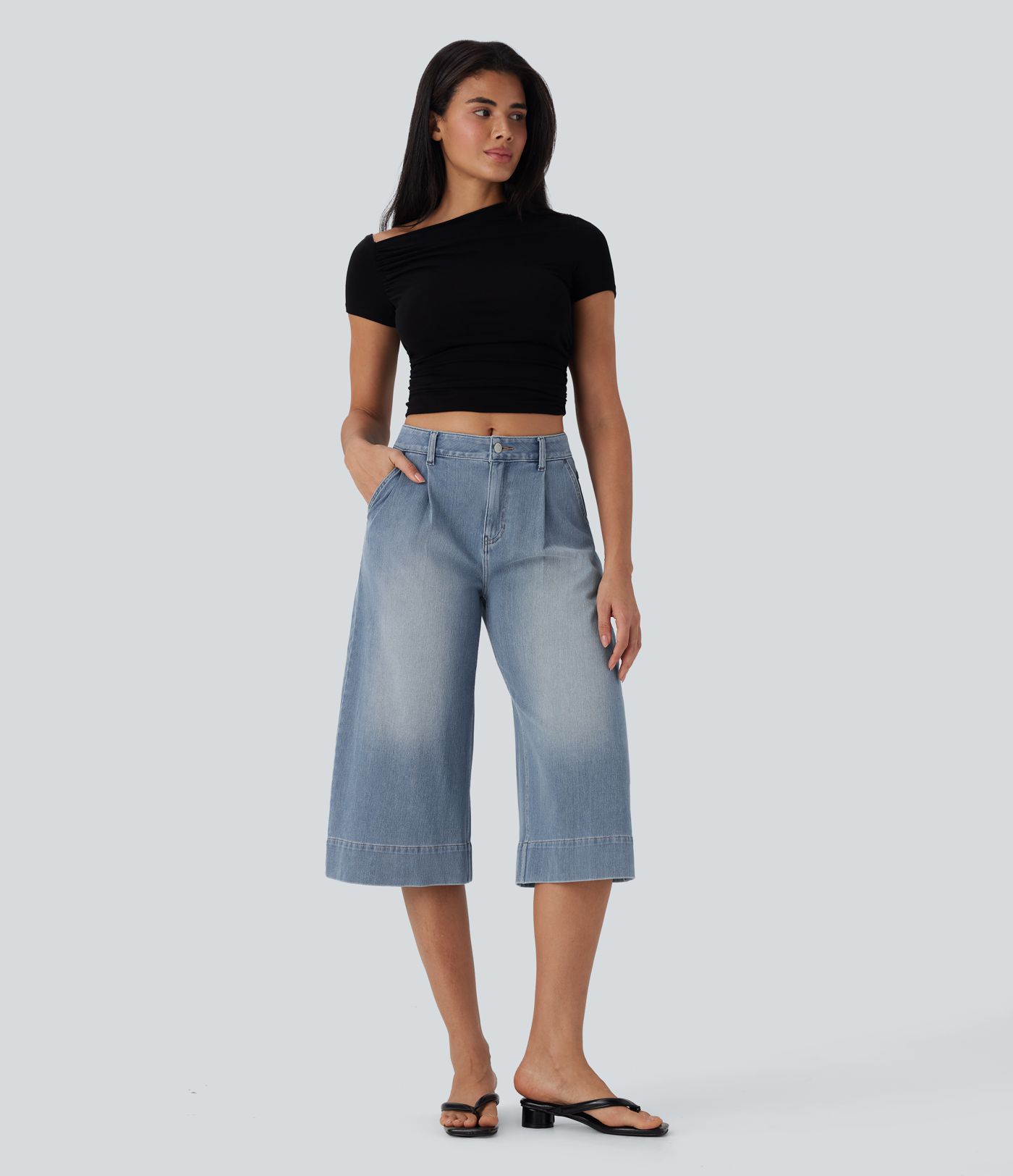 Jeans Halara Flex™ Wide Leg Elastic Waist Washed Style Mid Rise Pocket