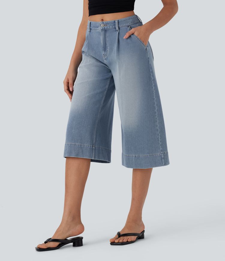 Halara Flex™ Mid Rise Capri Wide Leg Washed Casual Jeans with Pockets