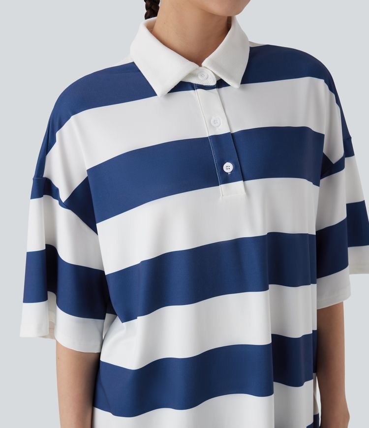 Polo Neck Dropped Shoulder Colorblock Stripe Oversize Casual T-Shirt