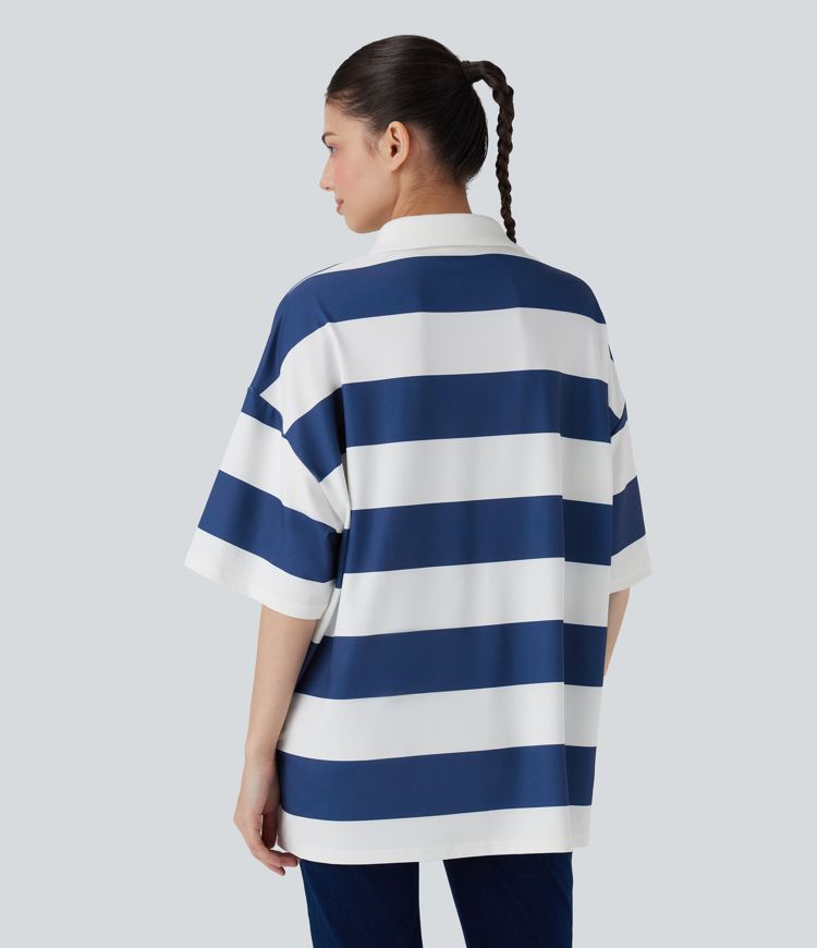 Polo Neck Dropped Shoulder Colorblock Stripe Oversize Casual T-Shirt
