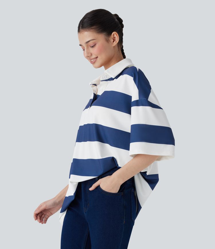 Polo Neck Dropped Shoulder Colorblock Stripe Oversize Casual T-Shirt