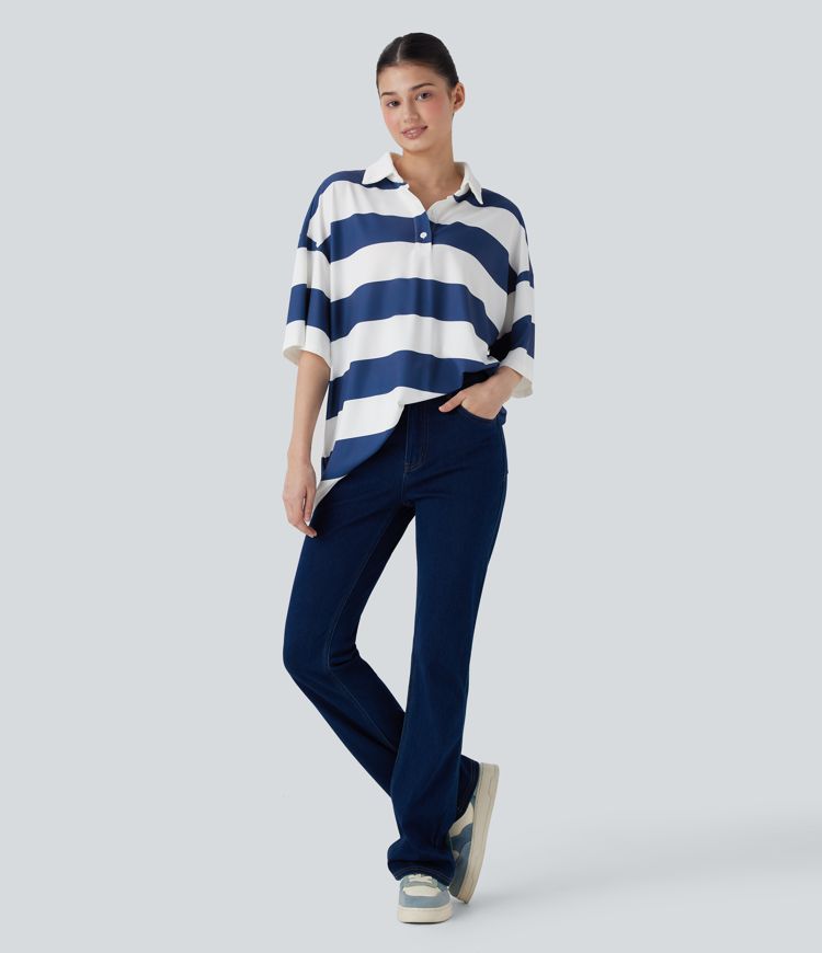 Polo Neck Dropped Shoulder Colorblock Stripe Oversize Casual T-Shirt