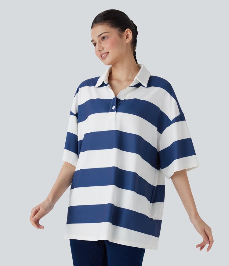 Polo Neck Dropped Shoulder Colorblock Stripe Oversize Casual T-Shirt