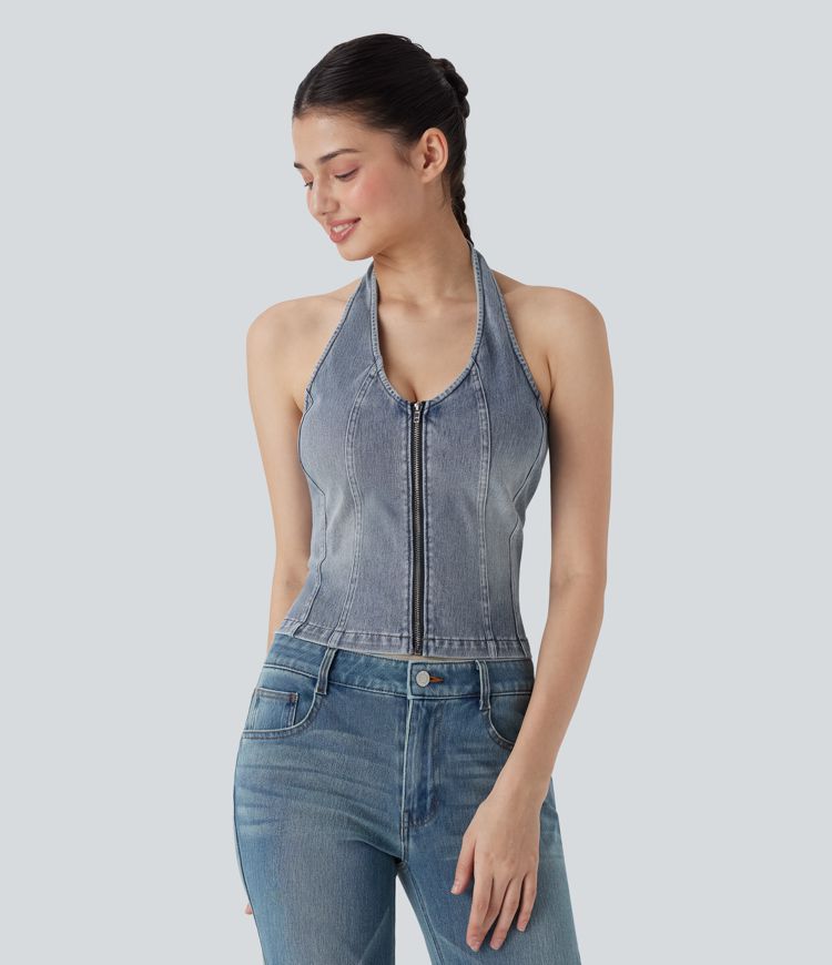 Halara Flex™ Backless Halter Zipper Washed Stretchy Knit Denim Casual Tank Top