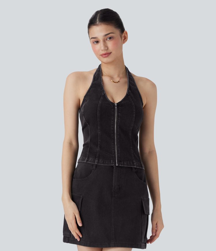 Halara Flex™ Backless Halter Zipper Washed Stretchy Knit Denim Casual Tank Top