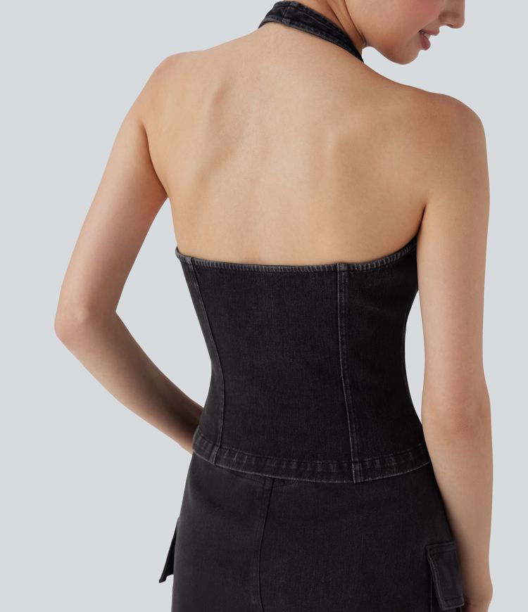 Débardeur en Denim Délavé avec Fermeture à Glissière Halara Flex™ décontracté