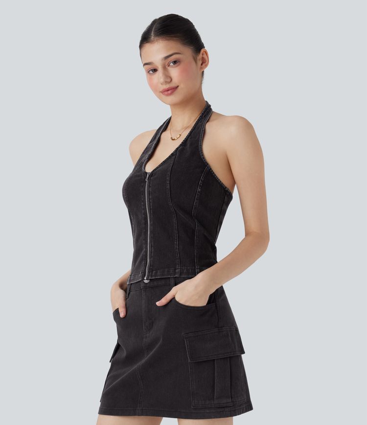 Débardeur en Denim Délavé avec Fermeture à Glissière Halara Flex™ décontracté