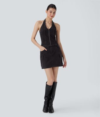 Débardeur en Denim Délavé avec Fermeture à Glissière Halara Flex™ décontracté