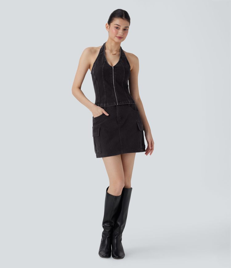 Débardeur en Denim Délavé avec Fermeture à Glissière Halara Flex™ décontracté