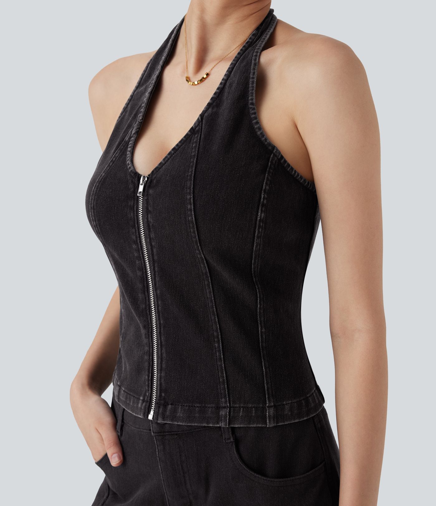 Débardeur en Denim Délavé avec Fermeture à Glissière Halara Flex™ décontracté