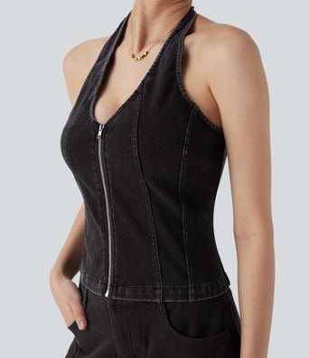 Débardeur en Denim Délavé avec Fermeture à Glissière Halara Flex™ décontracté