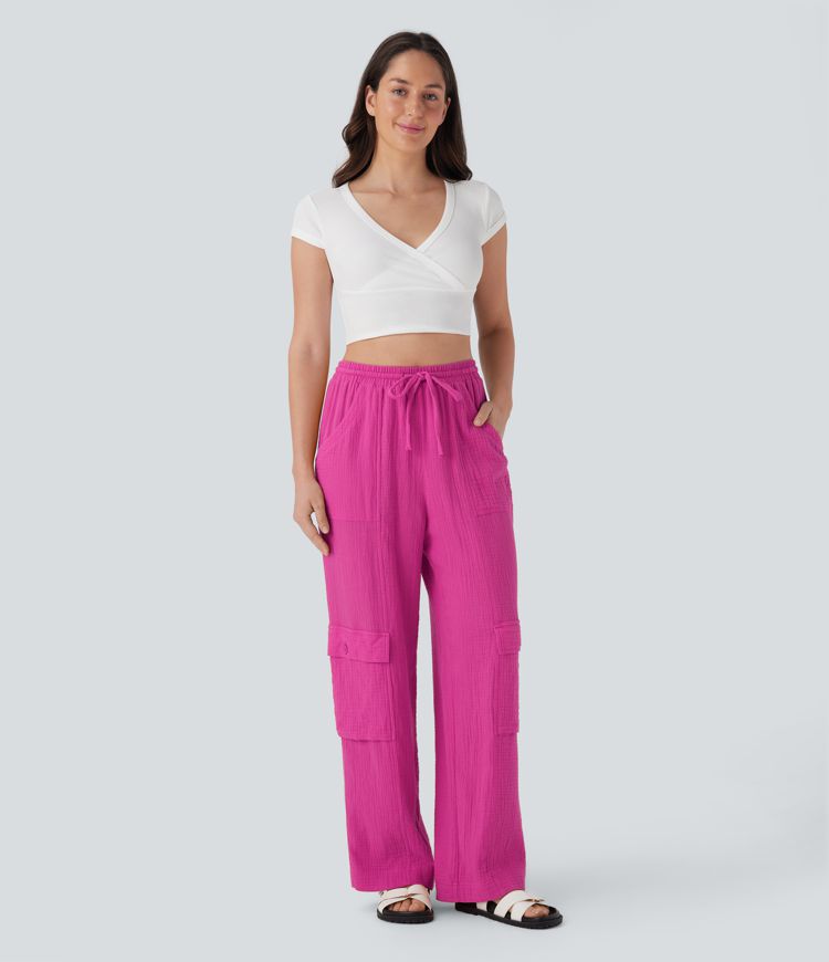 High Waisted Drawstring Wide Leg Cargo Casual Cotton Pants with Pockets