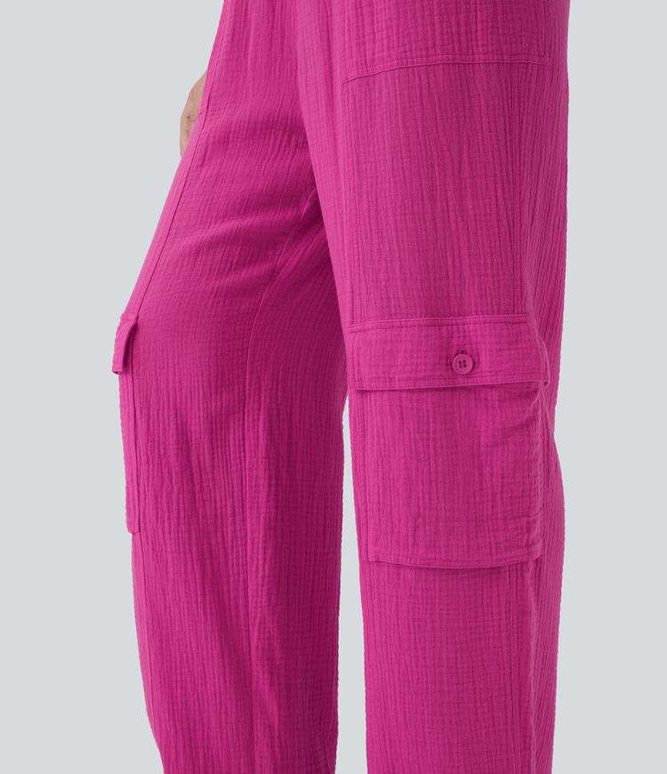 High Waisted Drawstring Wide Leg Cargo Casual Cotton Pants with Pockets