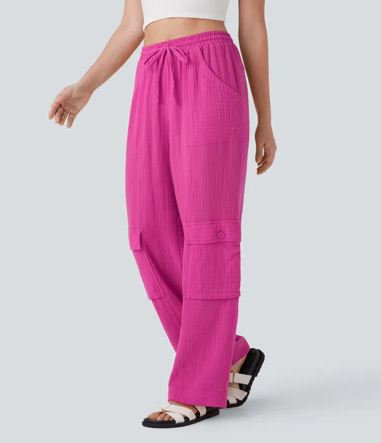 High Waisted Drawstring Wide Leg Cargo Casual Cotton Pants with Pockets