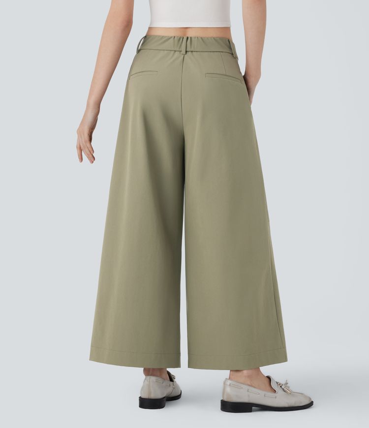 Mid Rise Wide Leg Work Pants with Pockets
