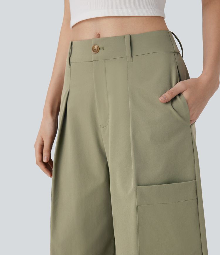 Mid Rise Wide Leg Work Pants with Pockets