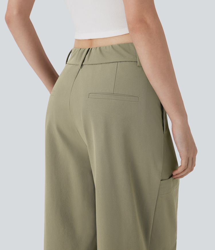 Mid Rise Wide Leg Work Pants with Pockets