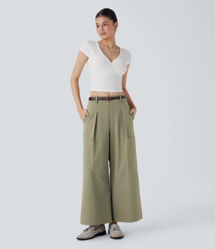Mid Rise Wide Leg Work Pants with Pockets