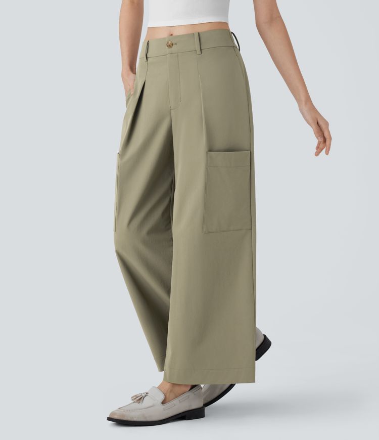 Mid Rise Wide Leg Work Pants with Pockets