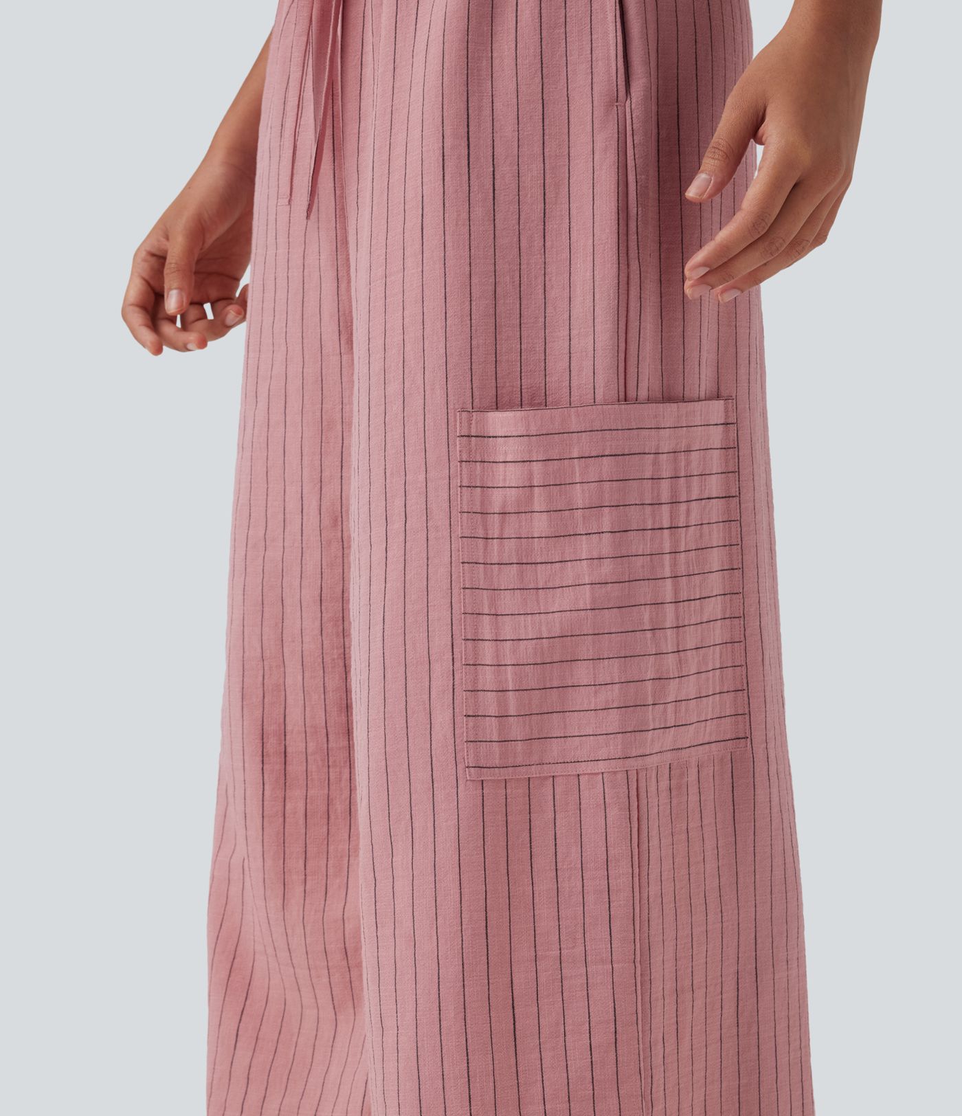 Low Rise Drawstring Wide Leg Stripe Casual Linen-Feel Pants with Pockets