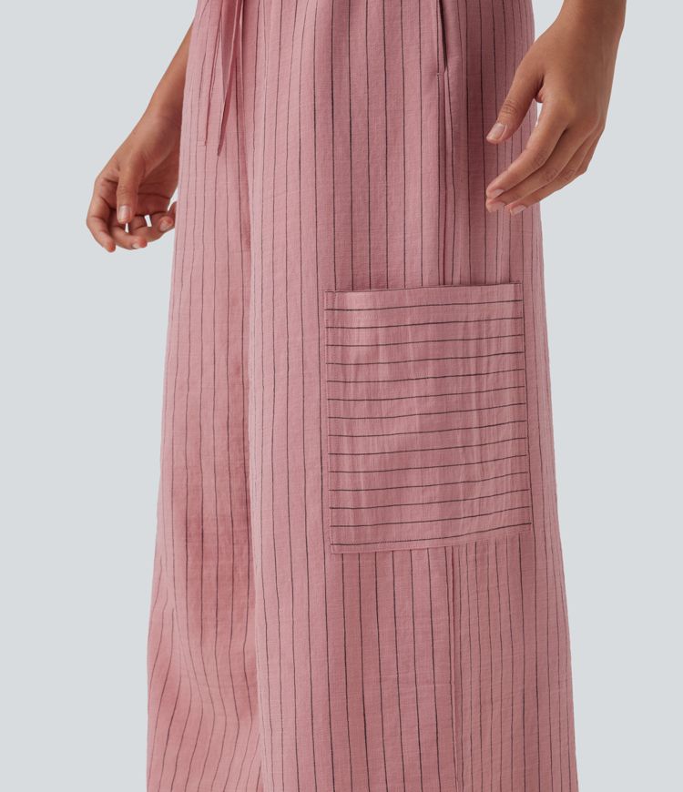 Low Rise Drawstring Wide Leg Stripe Casual Linen-Feel Pants with Pockets