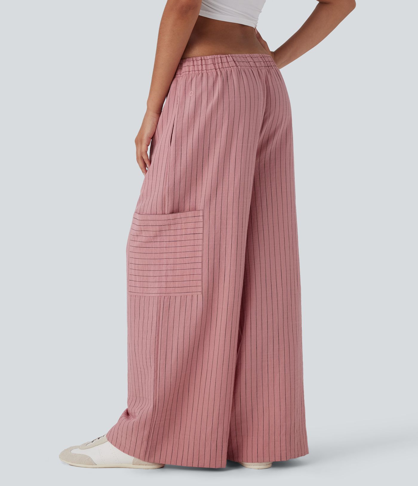 Low Rise Drawstring Wide Leg Stripe Casual Linen-Feel Pants with Pockets