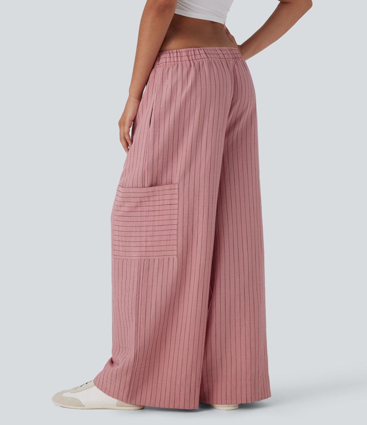 Low Rise Drawstring Wide Leg Stripe Casual Linen-Feel Pants with Pockets