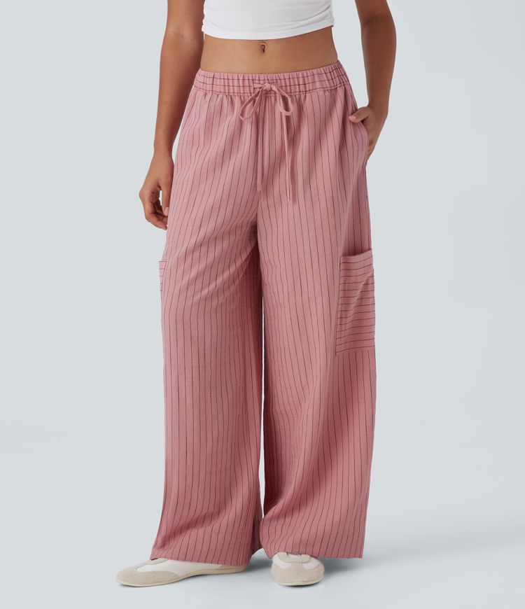 Low Rise Drawstring Wide Leg Stripe Casual Linen-Feel Pants with Pockets