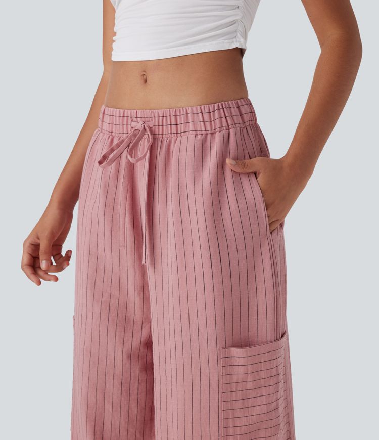 Low Rise Drawstring Wide Leg Stripe Casual Linen-Feel Pants with Pockets