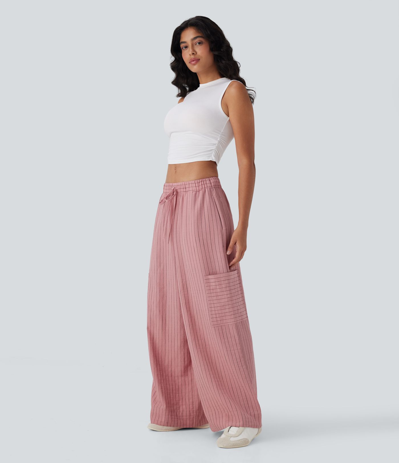 Low Rise Drawstring Wide Leg Stripe Casual Linen-Feel Pants with Pockets