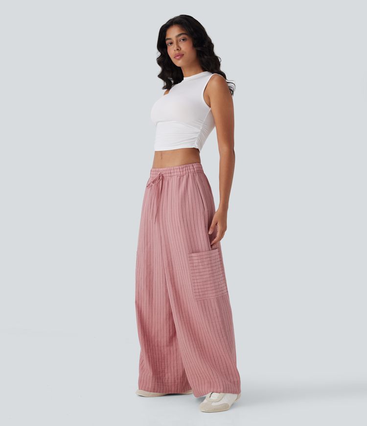 Low Rise Drawstring Wide Leg Stripe Casual Linen-Feel Pants with Pockets