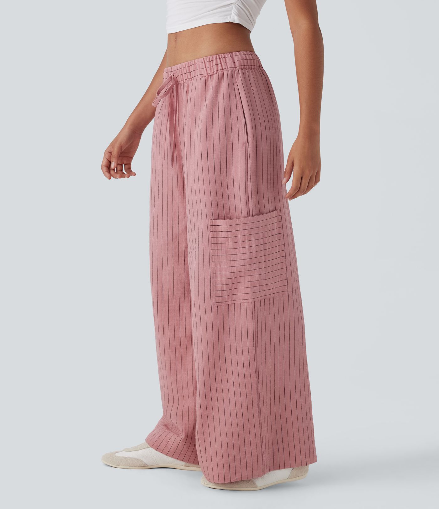 Low Rise Drawstring Wide Leg Stripe Casual Linen-Feel Pants with Pockets