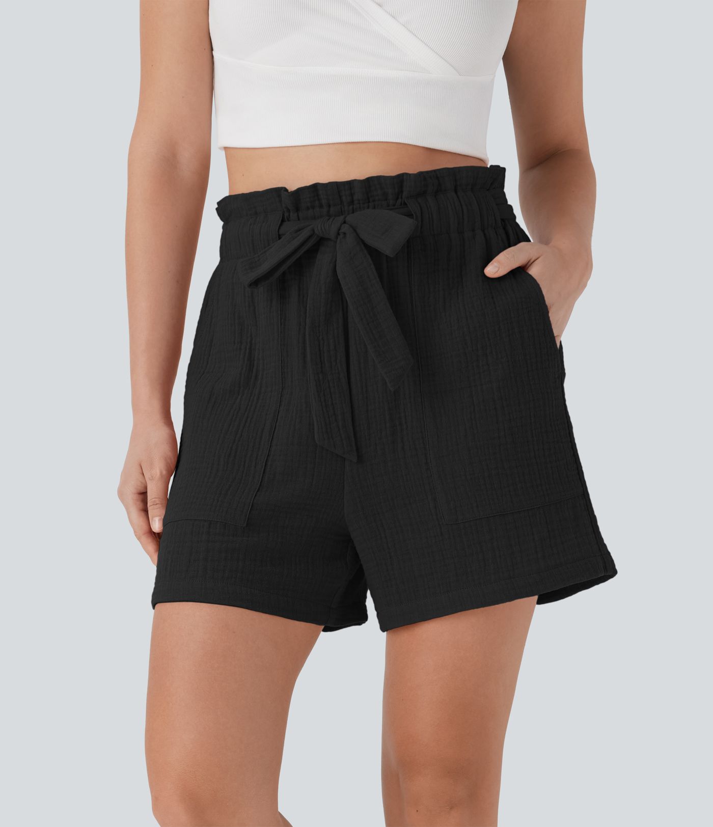 Paper Bag High Waisted Tie Front Casual Cotton Shorts with Pockets
