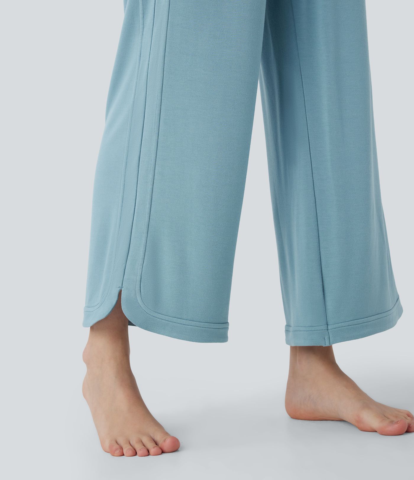 Hohe Taille Kordelzug Gebogener Saum Gerade Bein Yoga-Hose mit Taschen