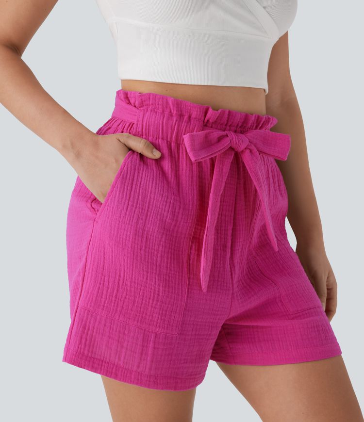 Short tailleur casual coton taille haute paper bag avec nœud devant et poches