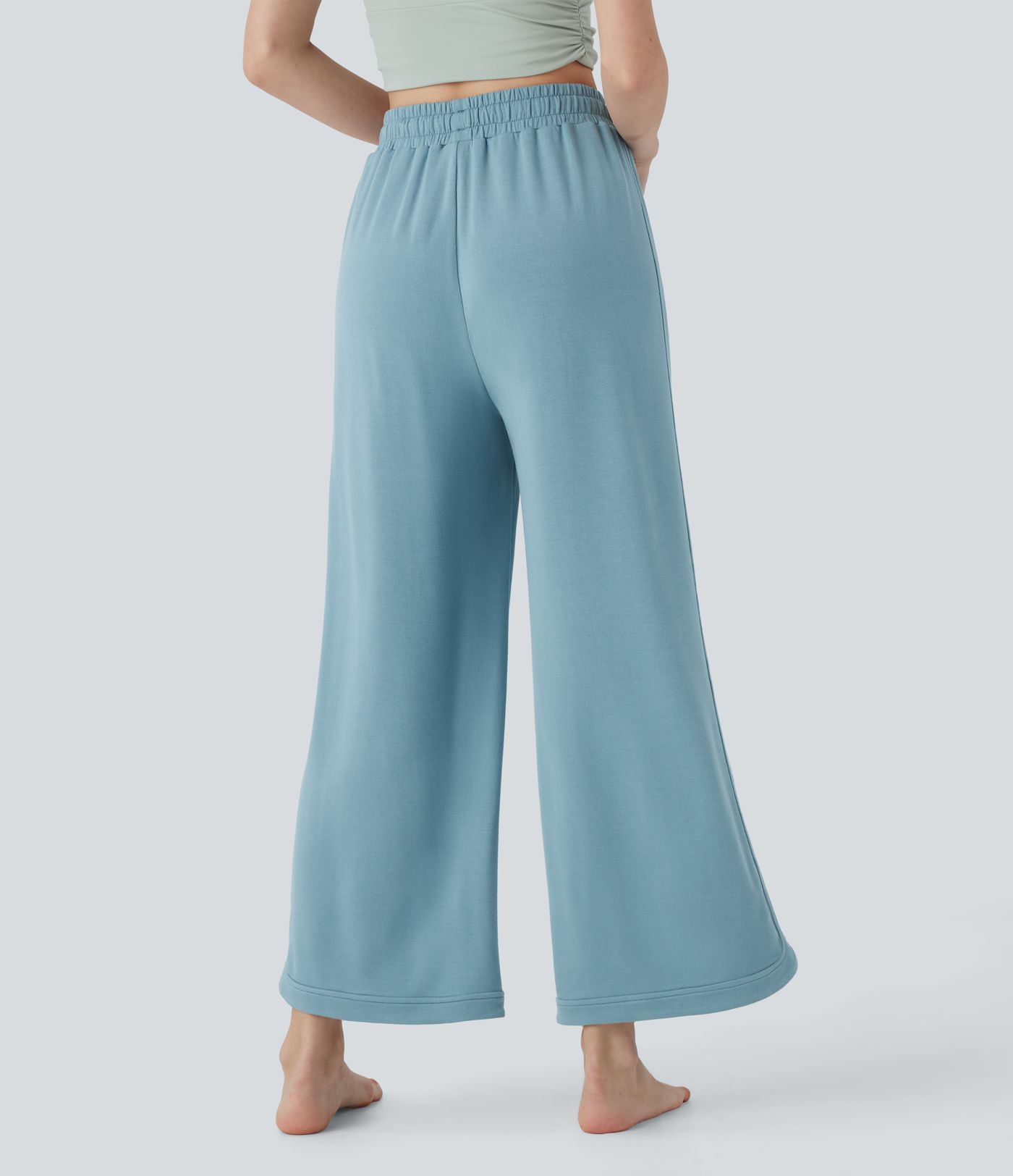 Hohe Taille Kordelzug Gebogener Saum Gerade Bein Yoga-Hose mit Taschen