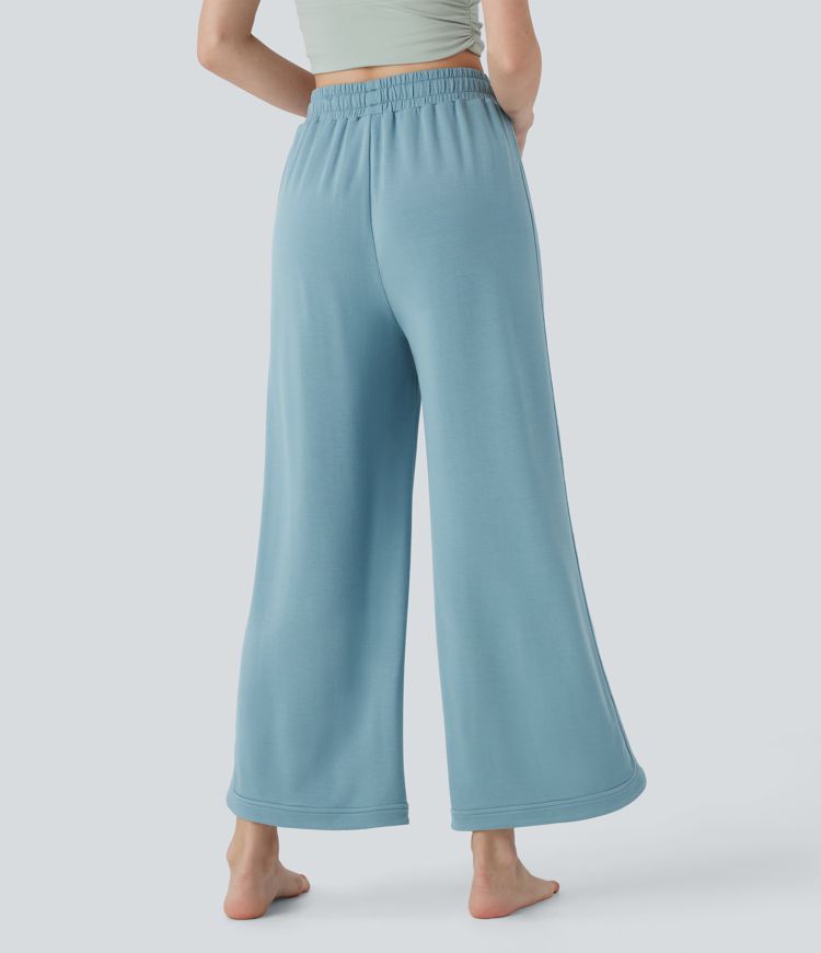 High Waisted Drawstring Curved Hem Straight Leg Yoga Pants with Pockets