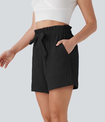 Paper Bag High Waisted Tie Front Casual Cotton Shorts with Pockets