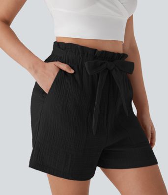 Paper Bag High Waisted Tie Front Casual Cotton Shorts with Pockets