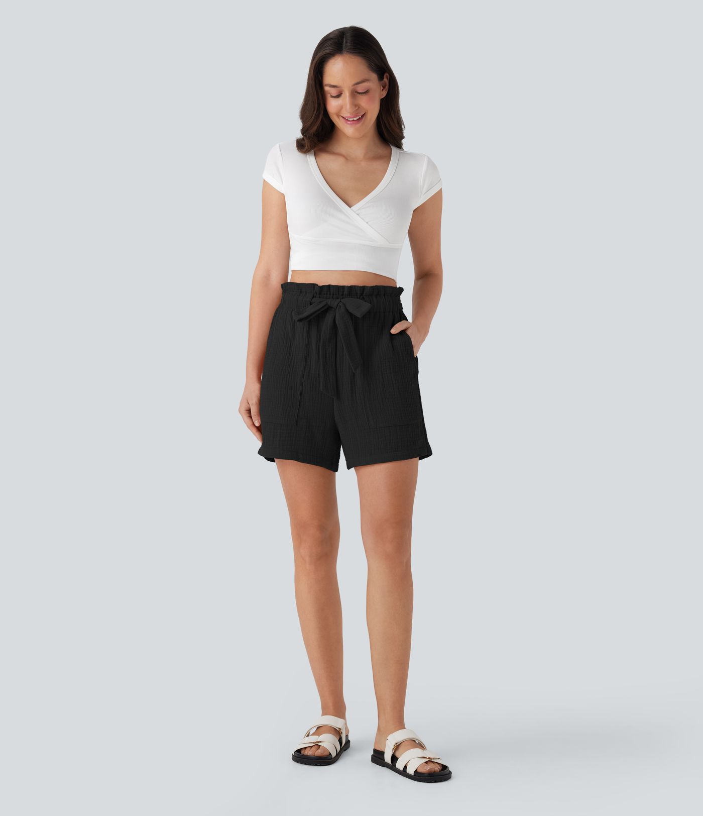 Paper Bag High Waisted Tie Front Casual Cotton Shorts with Pockets