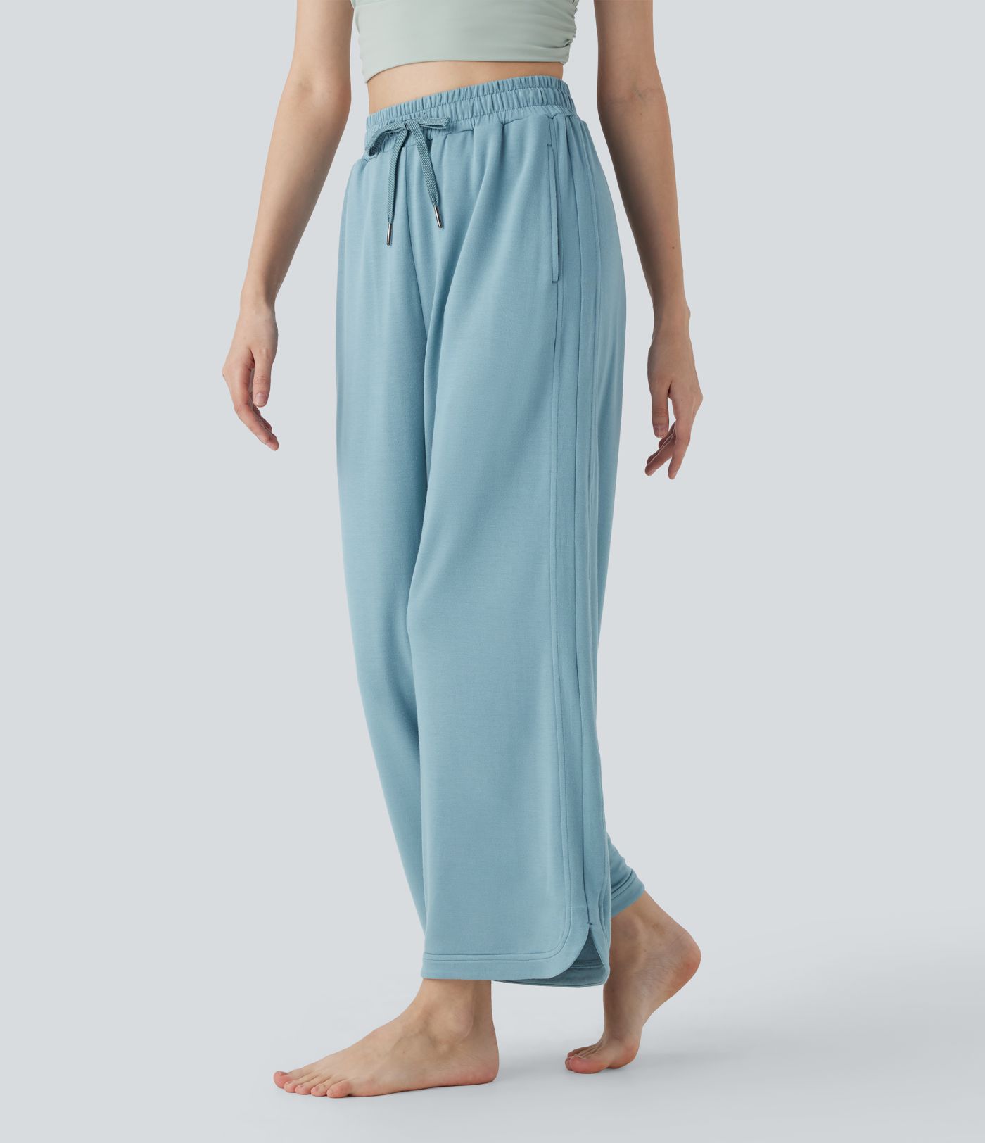 Hohe Taille Kordelzug Gebogener Saum Gerade Bein Yoga-Hose mit Taschen