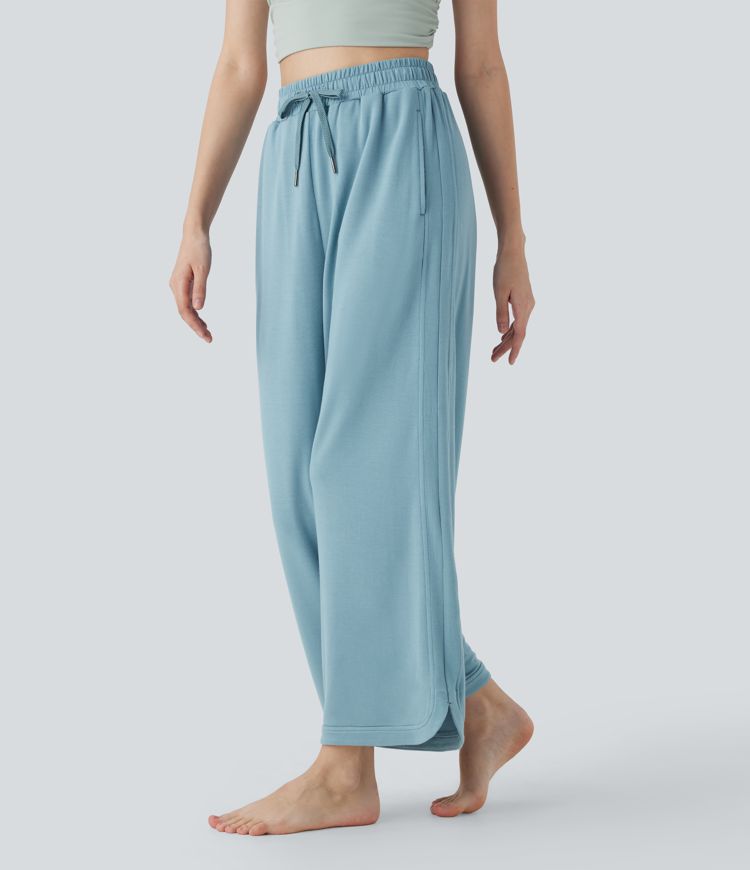 High Waisted Drawstring Curved Hem Straight Leg Yoga Pants with Pockets