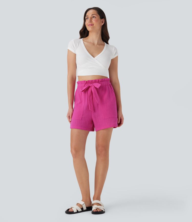 Short tailleur casual coton taille haute paper bag avec nœud devant et poches