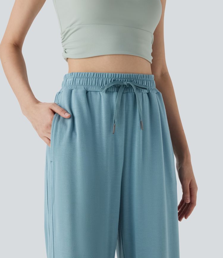 High Waisted Drawstring Curved Hem Straight Leg Yoga Pants with Pockets