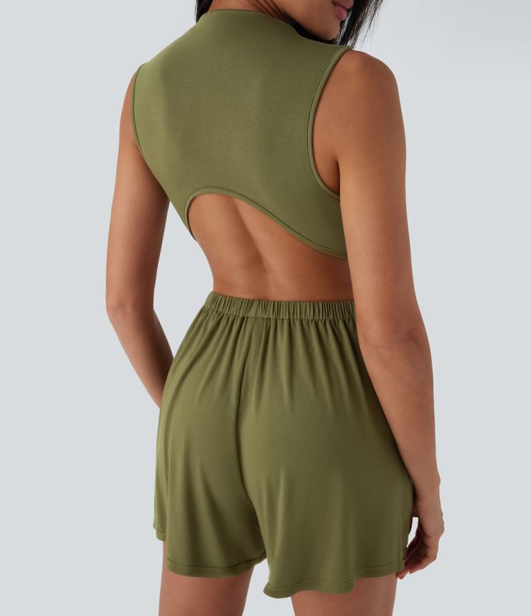 Mock-Neck Sleeveless Casual Jumpsuit with Pockets-Easy Peezy