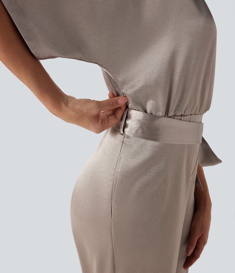 Mono de oficina ancho con escote en V cruzado efecto satén, cremallera invisible y cinturón con bolsillos