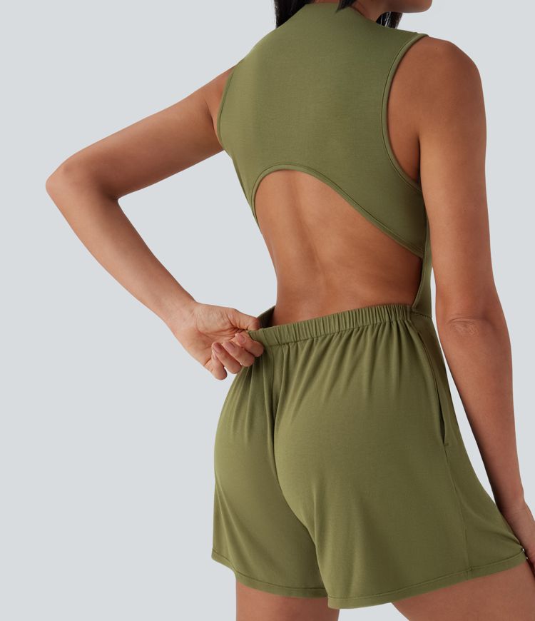 Mock-Neck Sleeveless Casual Jumpsuit with Pockets-Easy Peezy