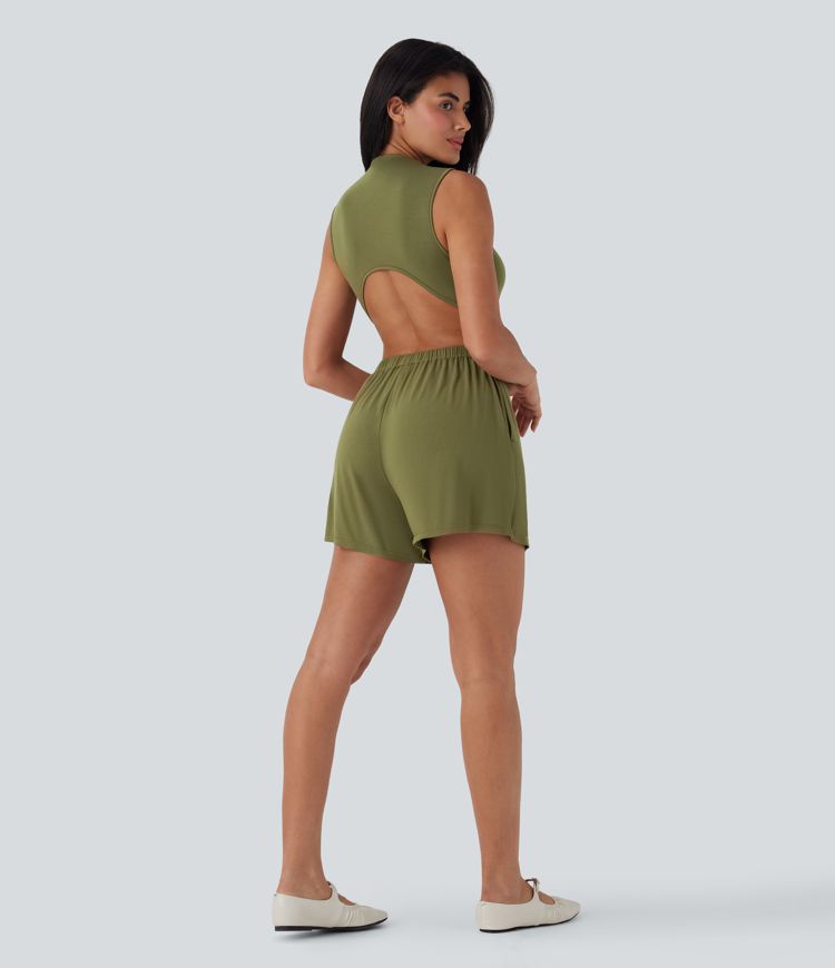 Mock-Neck Sleeveless Casual Jumpsuit with Pockets-Easy Peezy