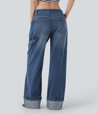 Halara Flex™ Low Rise Rolled Hem Washed Casual Baggy Jeans with Pockets